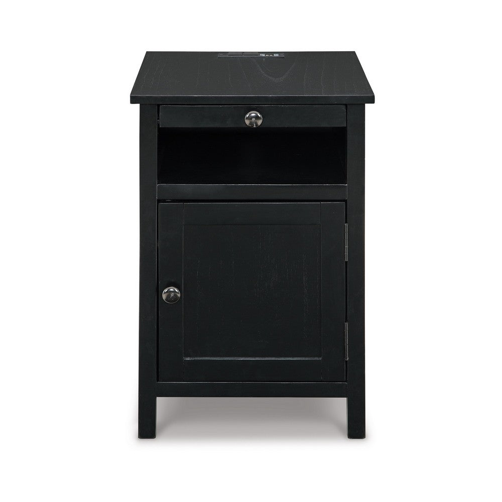Benjara Gena Side End Table, Shelf And Pull Out Tray, Black Solid Wood 24 Inch
