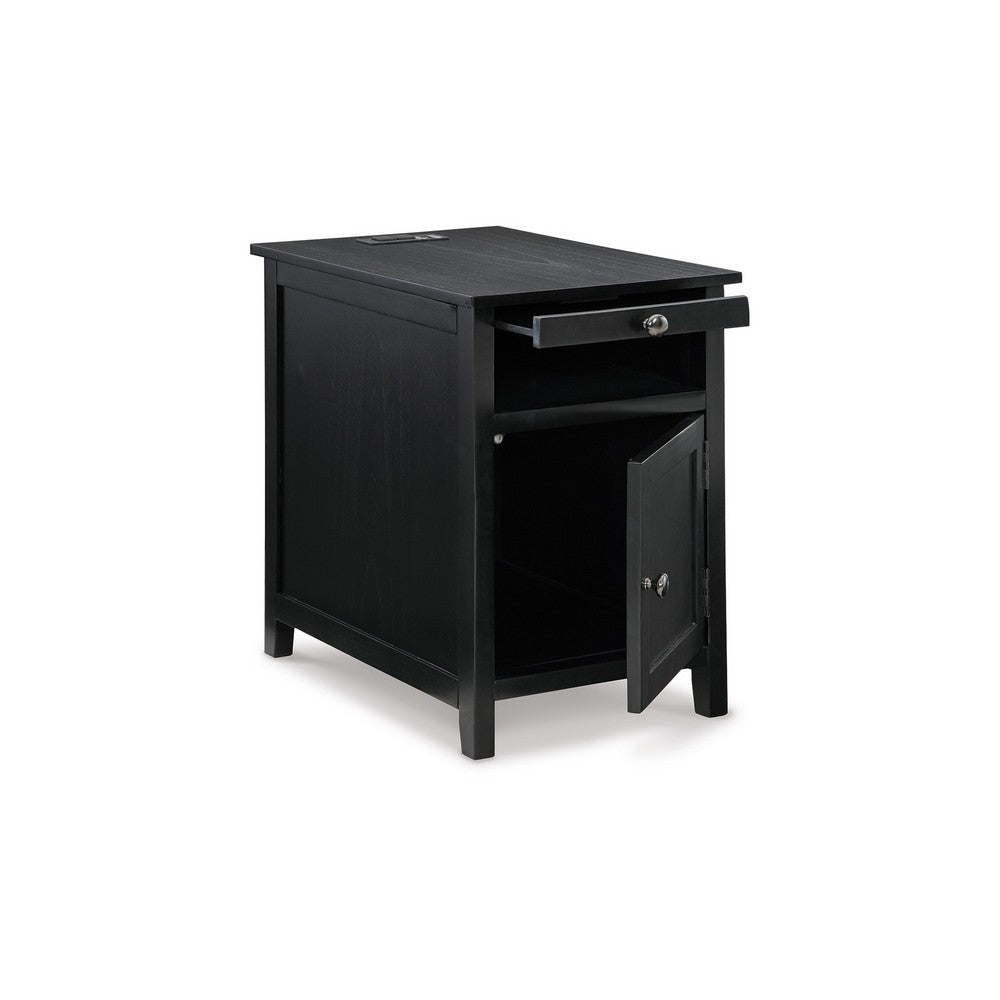 Benjara Gena Side End Table, Shelf And Pull Out Tray, Black Solid Wood 24 Inch