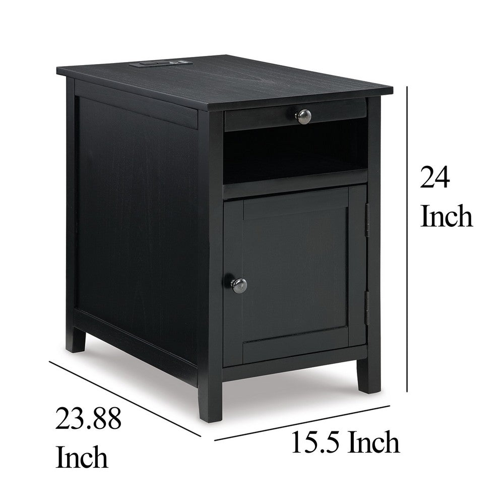 Benjara Gena Side End Table, Shelf And Pull Out Tray, Black Solid Wood 24 Inch