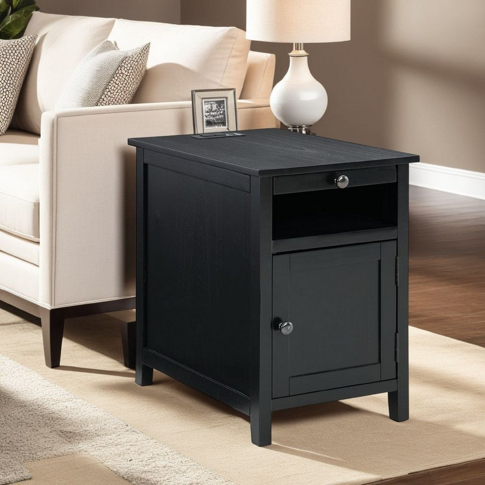 Benjara Gena Side End Table, Shelf And Pull Out Tray, Black Solid Wood 24 Inch