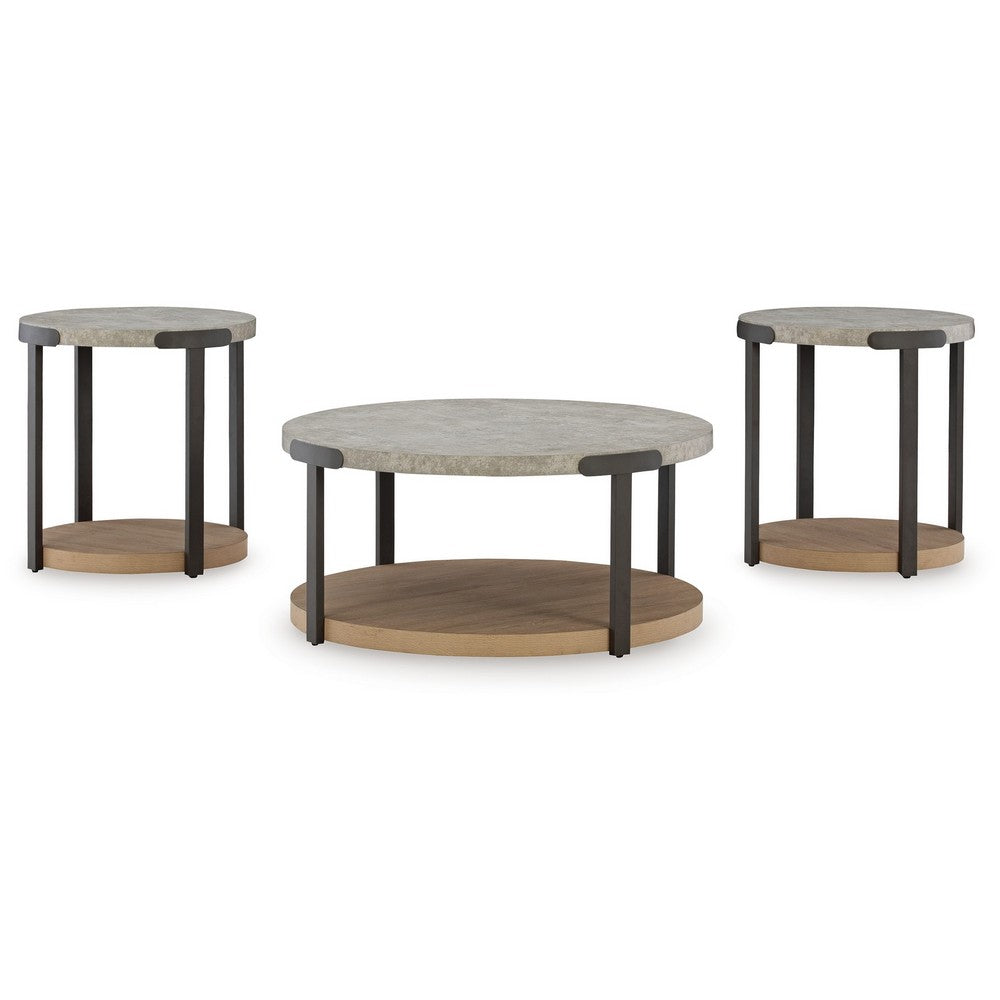 Benjara Hein 3pc Coffee n End Table Set, Gray Round Top w Shelf And Wheels