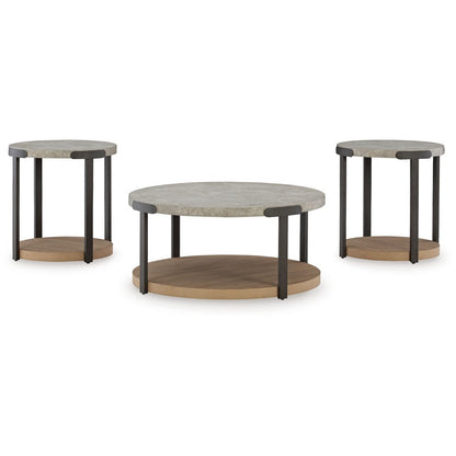 Benjara Hein 3pc Coffee n End Table Set, Gray Round Top w Shelf And Wheels
