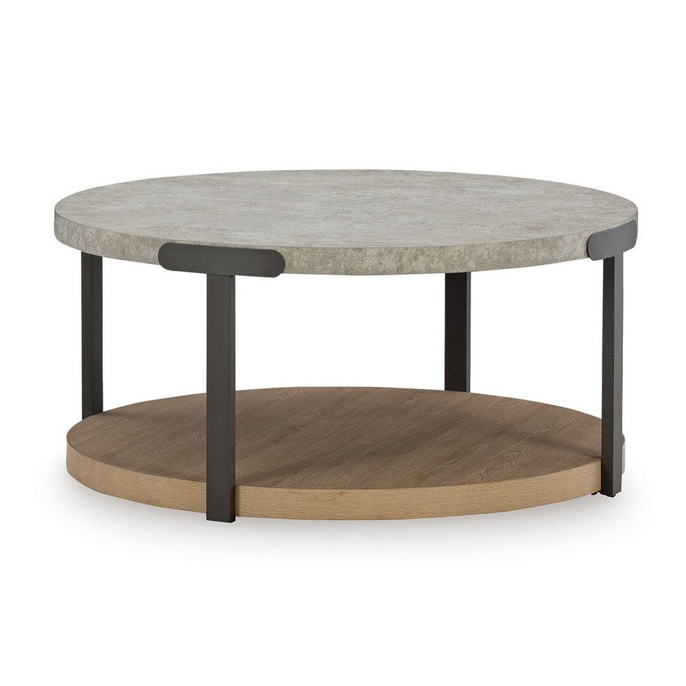 Benjara Hein 3pc Coffee n End Table Set, Gray Round Top w Shelf And Wheels