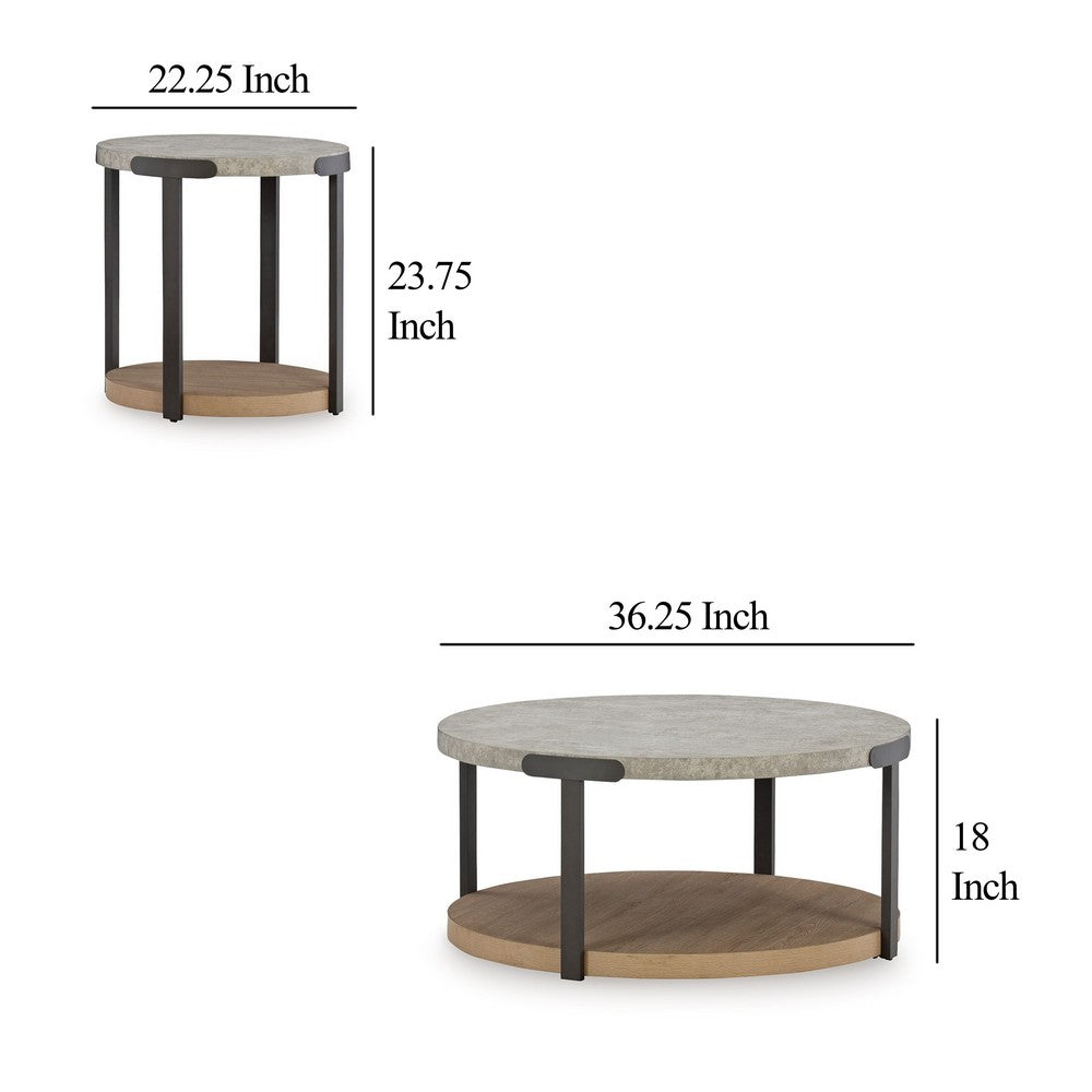 Benjara Hein 3pc Coffee n End Table Set, Gray Round Top w Shelf And Wheels
