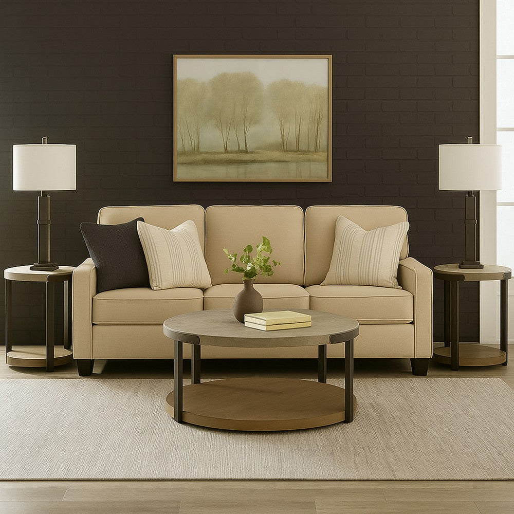 Benjara Hein 3pc Coffee n End Table Set, Gray Round Top w Shelf And Wheels