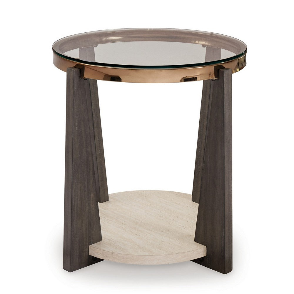 Benjara Miu Side End Table, 24 Inch Round Glass Top w Shelf, Brown Angled Base