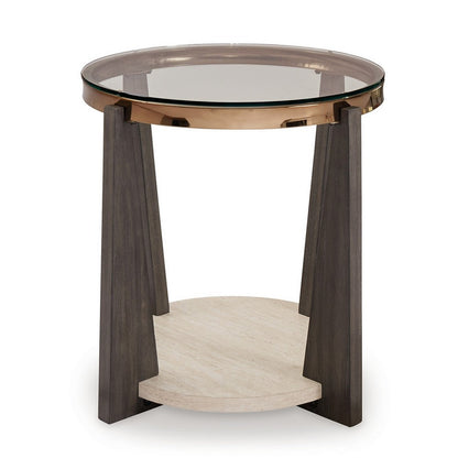 Benjara Miu Side End Table, 24 Inch Round Glass Top w Shelf, Brown Angled Base