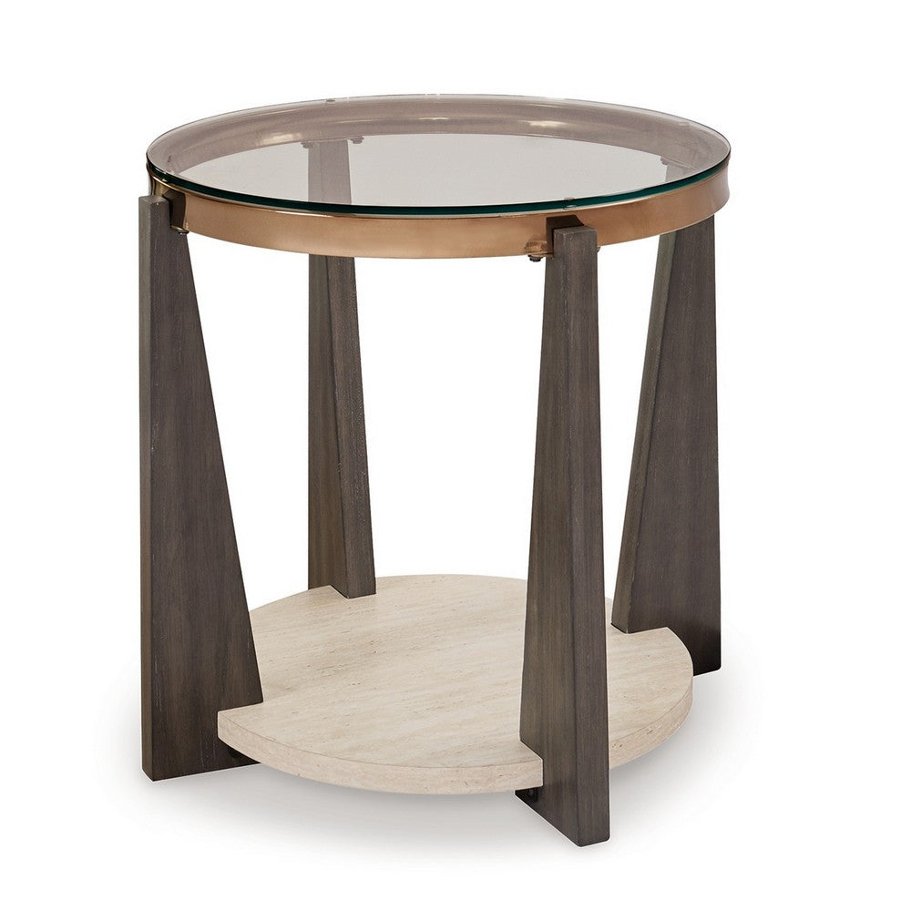 Benjara Miu Side End Table, 24 Inch Round Glass Top w Shelf, Brown Angled Base