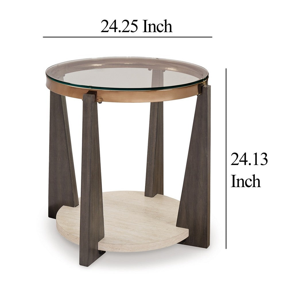Benjara Miu Side End Table, 24 Inch Round Glass Top w Shelf, Brown Angled Base