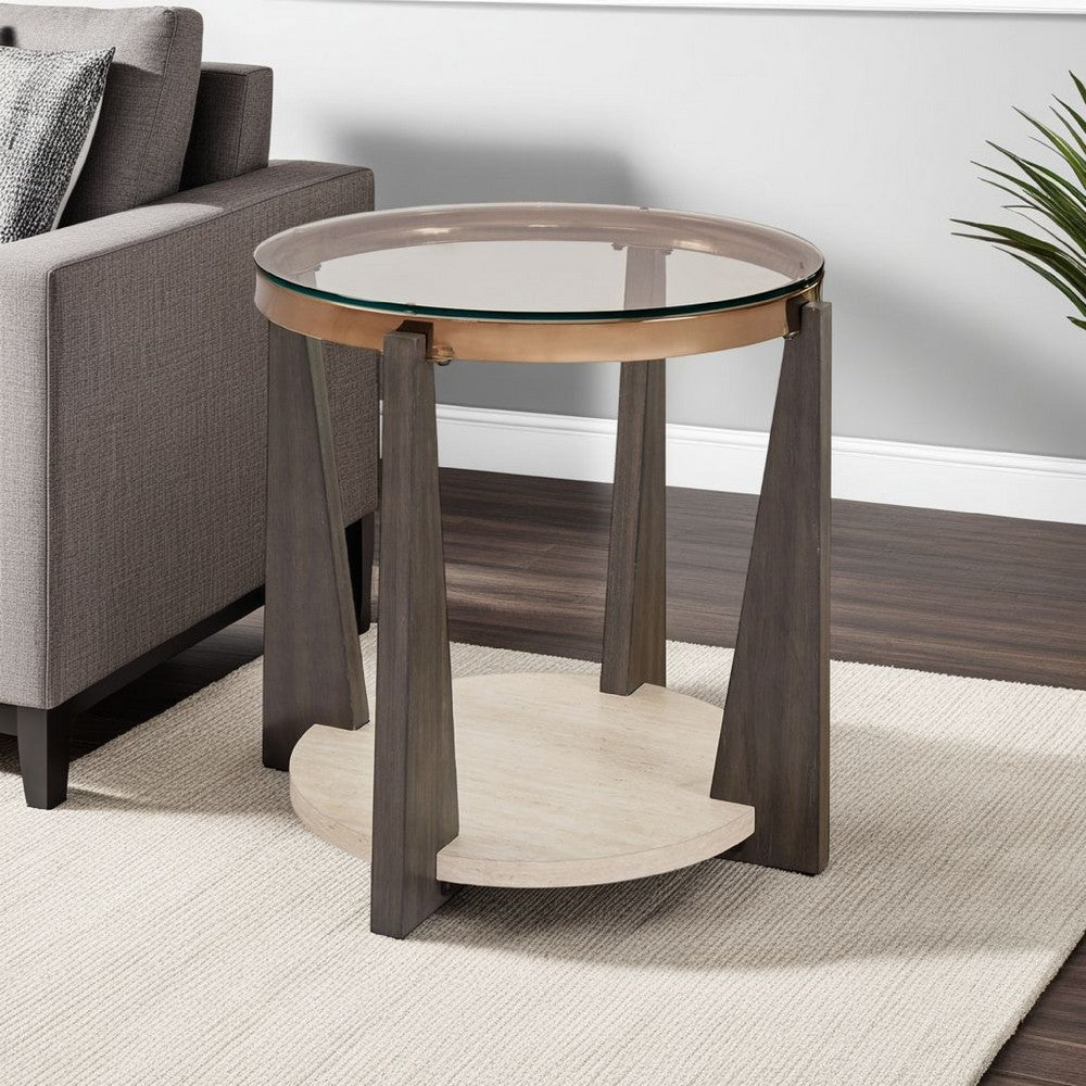 Benjara Miu Side End Table, 24 Inch Round Glass Top w Shelf, Brown Angled Base