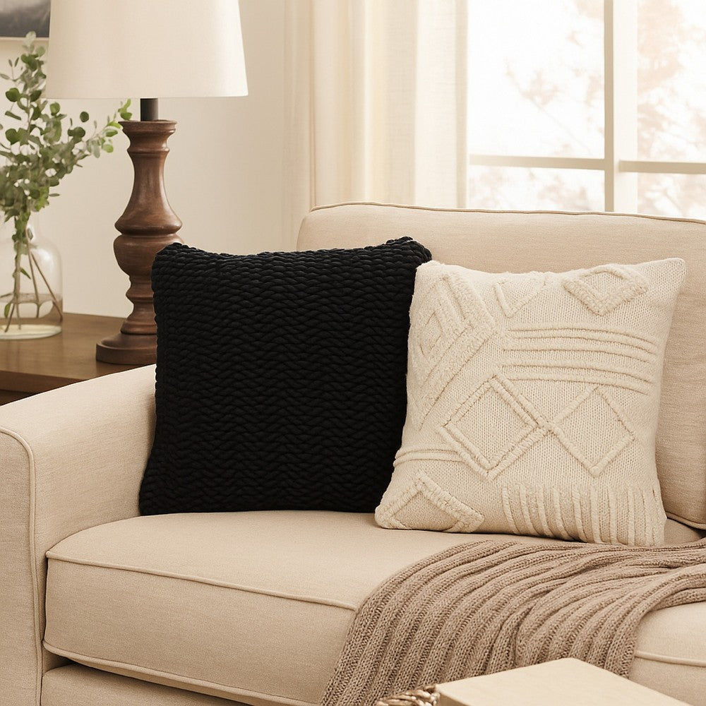 Benjara Rene Square Accent Throw Pillow, 20 Inch, Black Handwoven Design