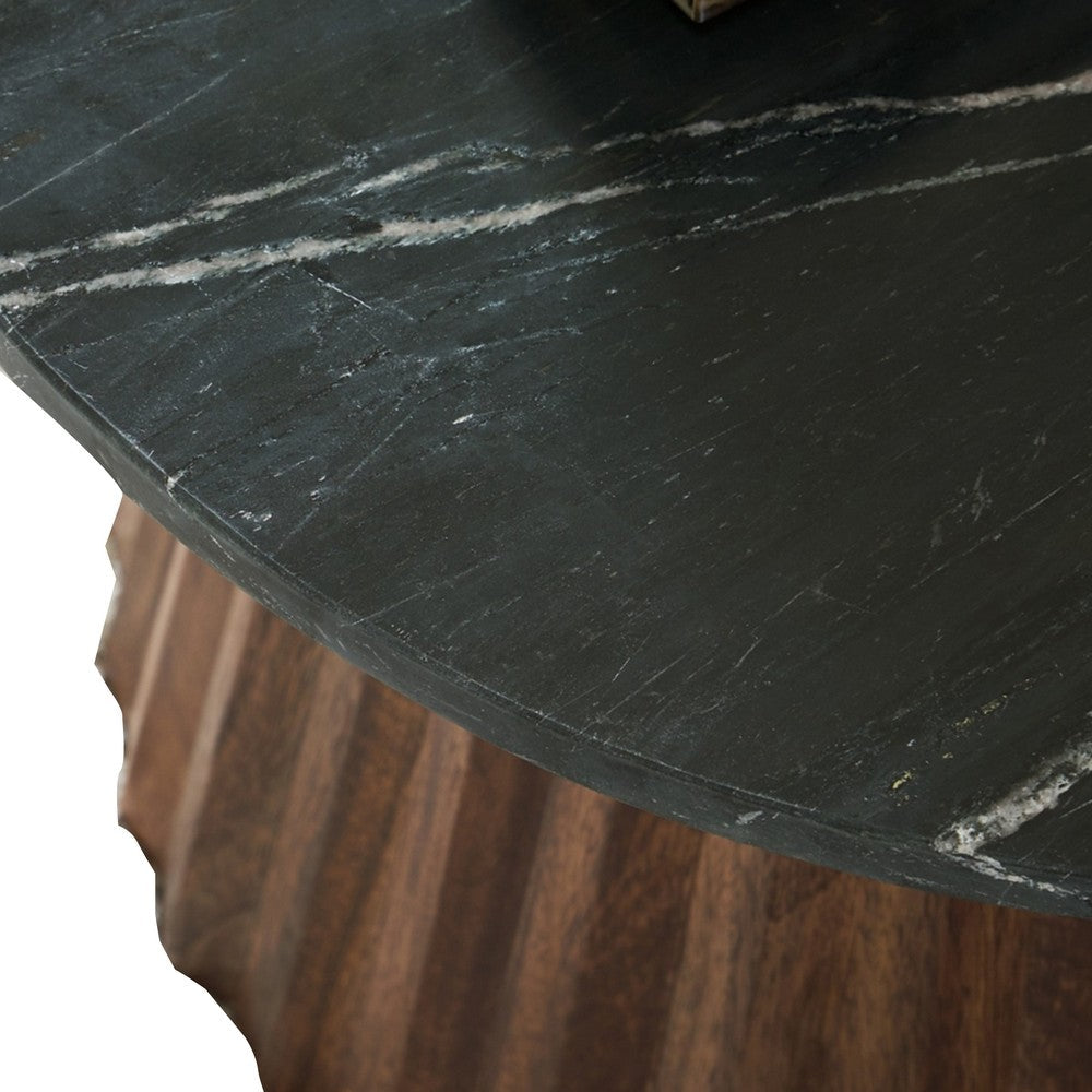 Benjara Ceil Cocktail Coffee Table, 26 Inch Fluted Flared Base, Black Marble