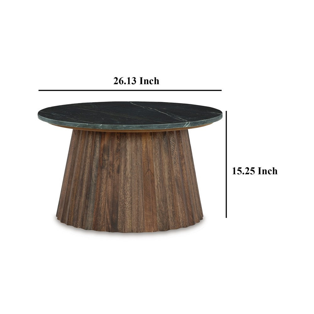 Benjara Ceil Cocktail Coffee Table, 26 Inch Fluted Flared Base, Black Marble
