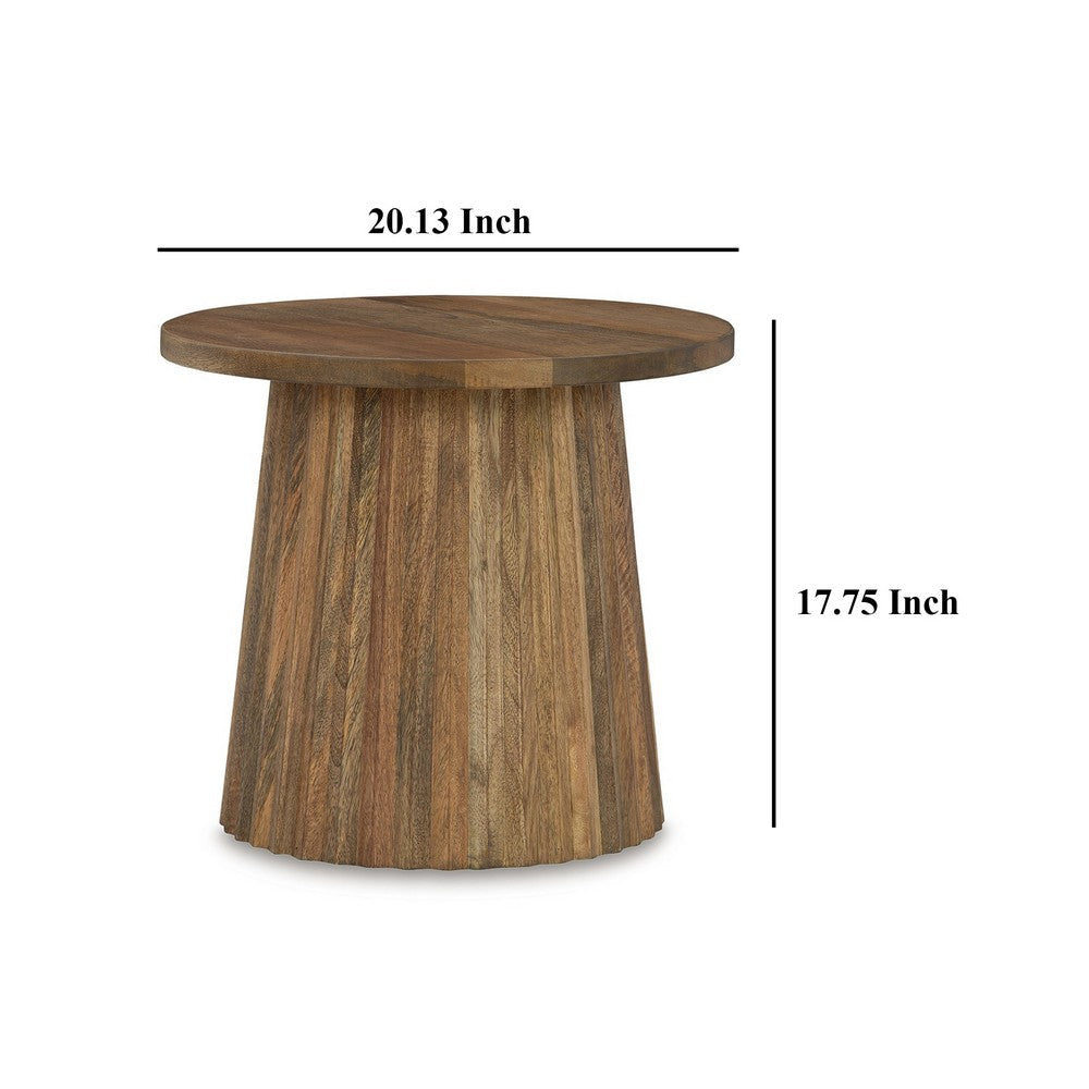 Benjara Ceil Accent Table, Round Fluted Walnut Brown Solid Wood Base, 20 Inch