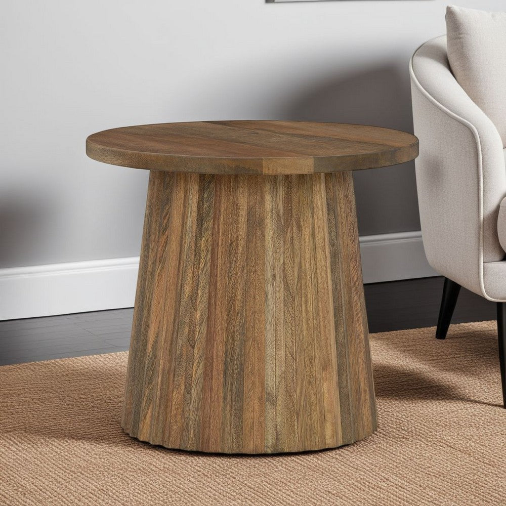 Benjara Ceil Accent Table, Round Fluted Walnut Brown Solid Wood Base, 20 Inch