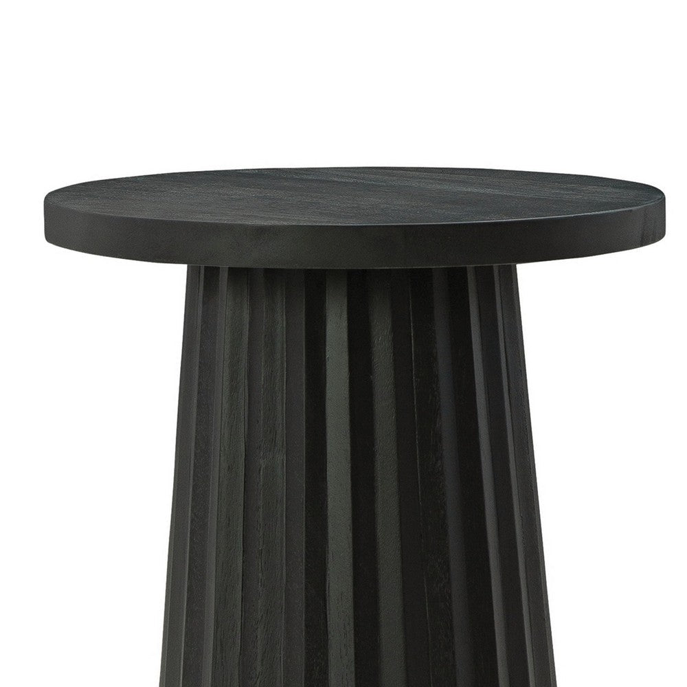 Benjara Ceil Accent Table, Round Fluted Classic Black Solid Wood Base, 14 Inch