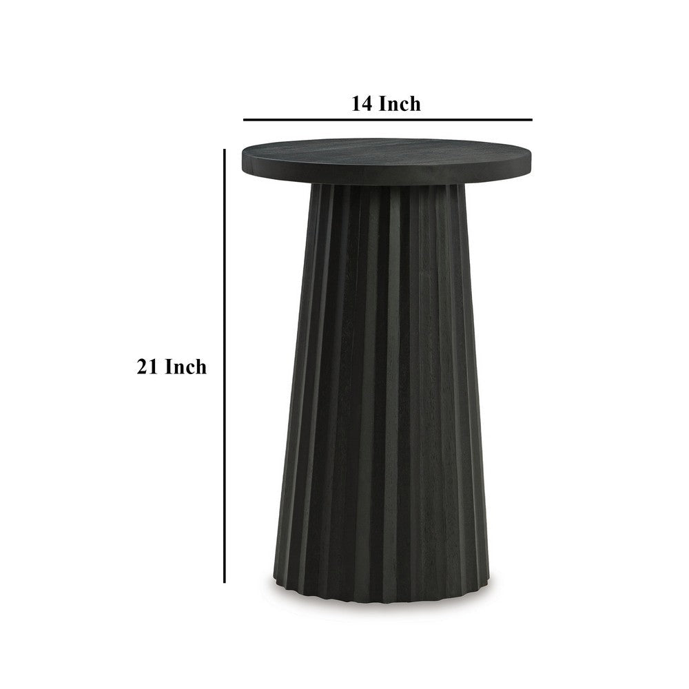 Benjara Ceil Accent Table, Round Fluted Classic Black Solid Wood Base, 14 Inch