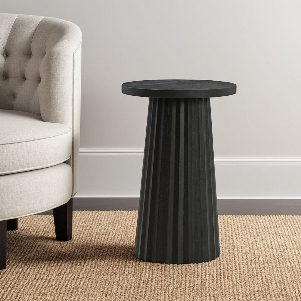 Benjara Ceil Accent Table, Round Fluted Classic Black Solid Wood Base, 14 Inch