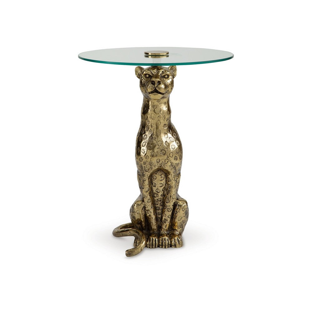 Benjara Accent Table, Gold Cast Metal Leopard Design, 18 Inch Glass Round Top