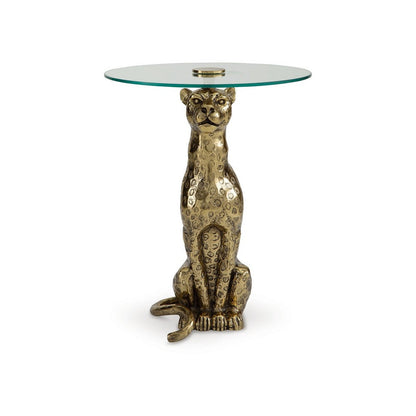 Benjara Accent Table, Gold Cast Metal Leopard Design, 18 Inch Glass Round Top