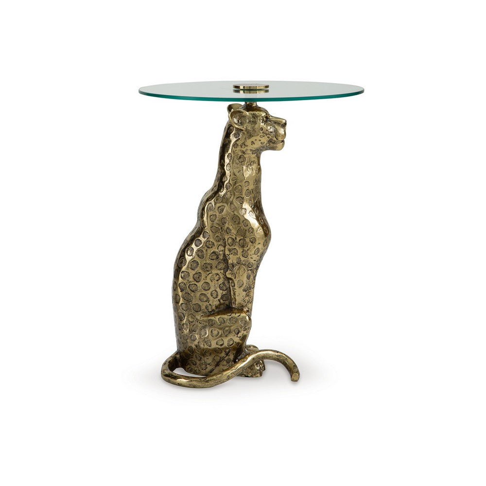 Benjara Accent Table, Gold Cast Metal Leopard Design, 18 Inch Glass Round Top