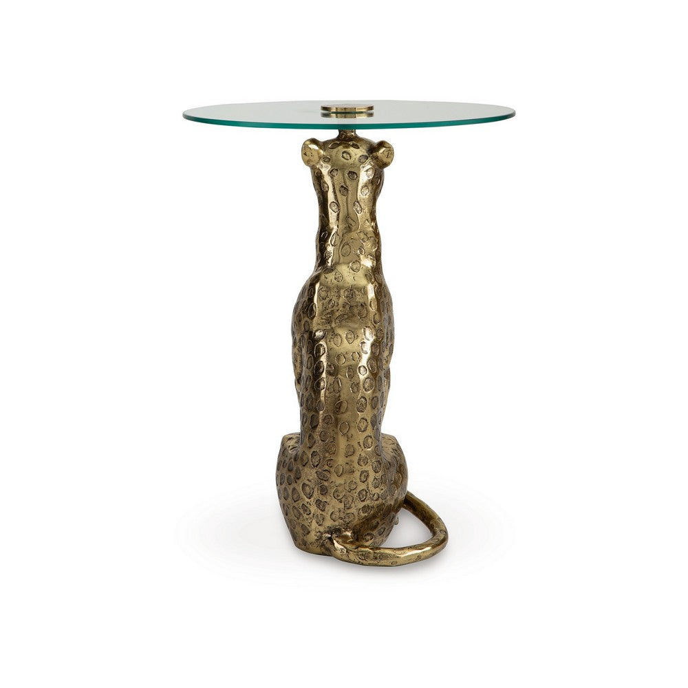 Benjara Accent Table, Gold Cast Metal Leopard Design, 18 Inch Glass Round Top