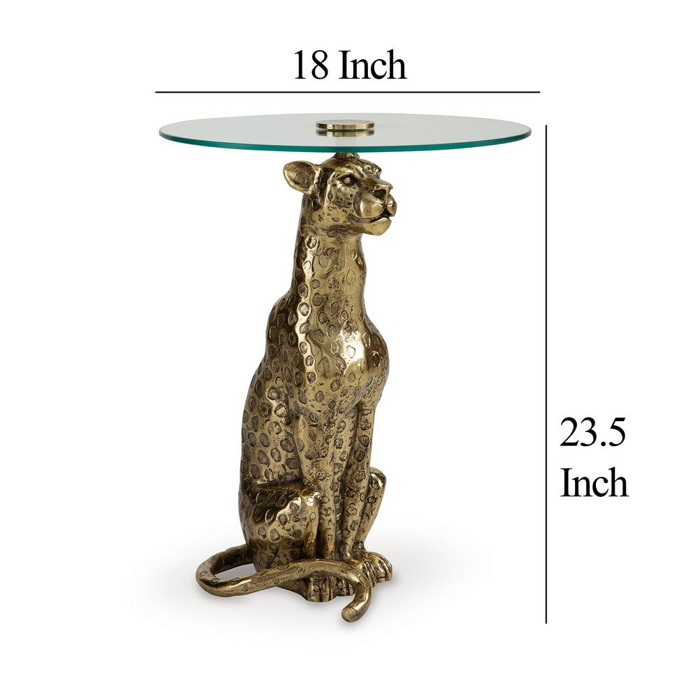 Benjara Accent Table, Gold Cast Metal Leopard Design, 18 Inch Glass Round Top