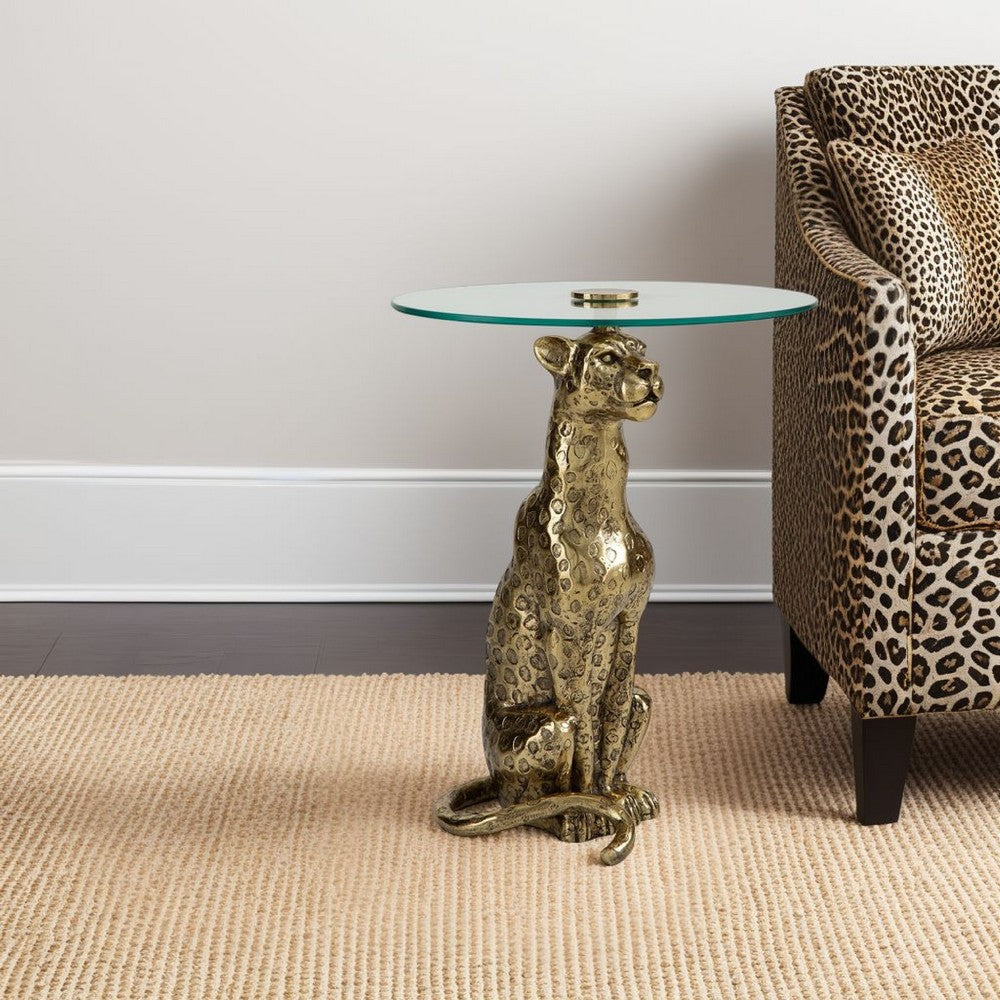 Benjara Accent Table, Gold Cast Metal Leopard Design, 18 Inch Glass Round Top