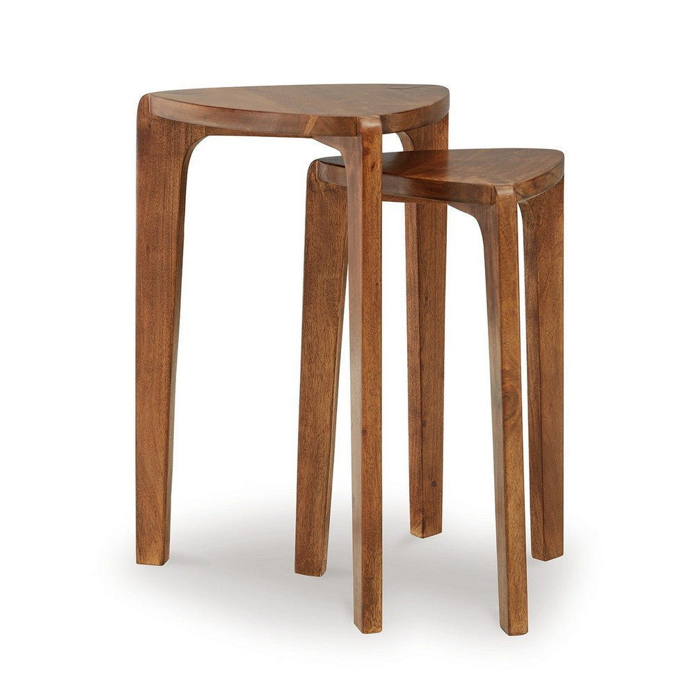 Benjara Nesting Accent Table Set of 2, Brown Solid Mango Wood Triangular Shape