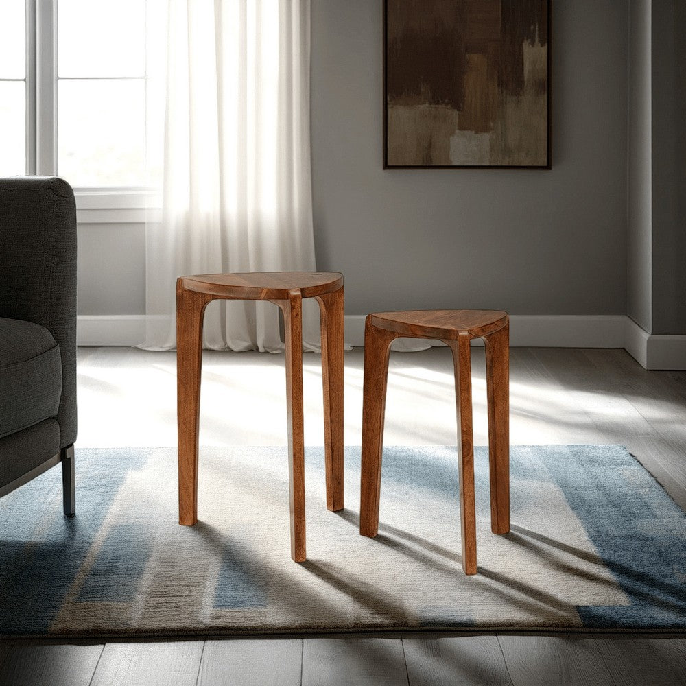 Benjara Nesting Accent Table Set of 2, Brown Solid Mango Wood Triangular Shape