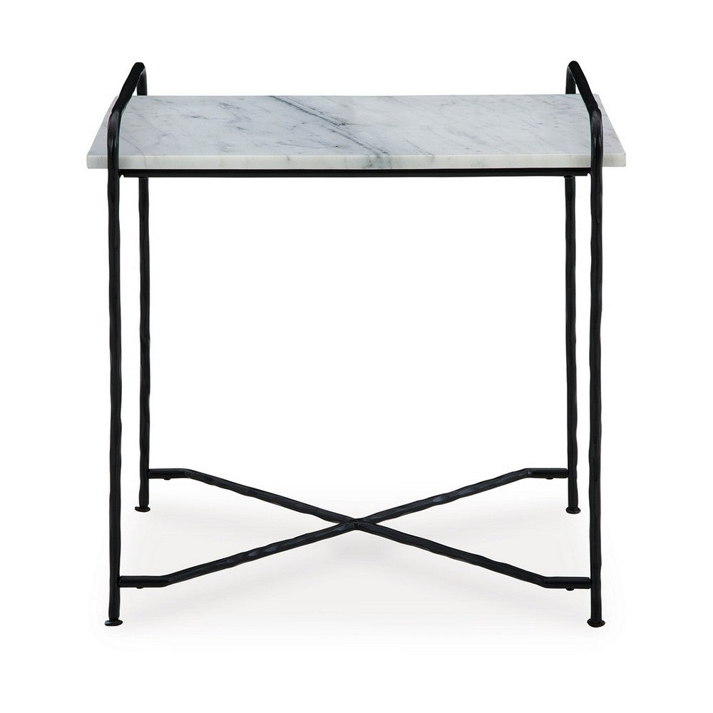 Benjara Accent Table, 22 Inch White Marble Top, Industrial Black Metal Legs