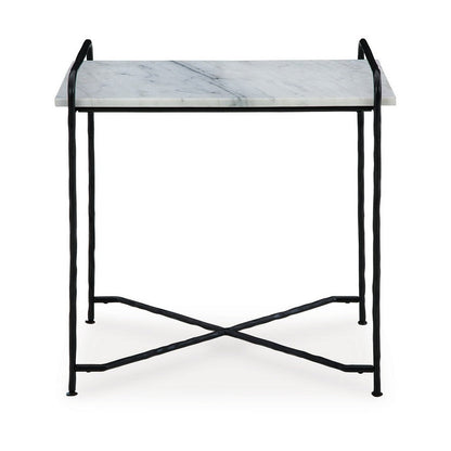Benjara Accent Table, 22 Inch White Marble Top, Industrial Black Metal Legs
