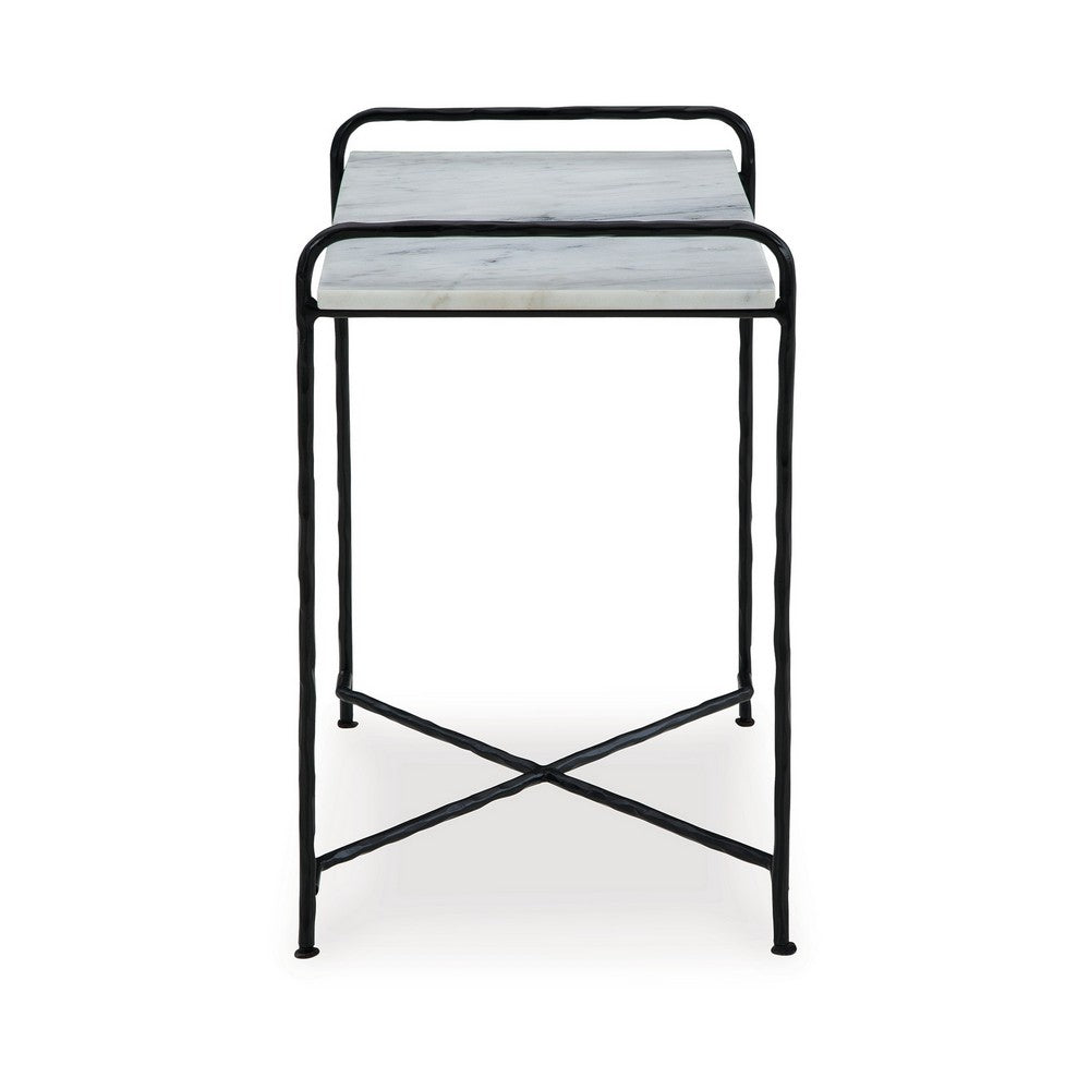 Benjara Accent Table, 22 Inch White Marble Top, Industrial Black Metal Legs