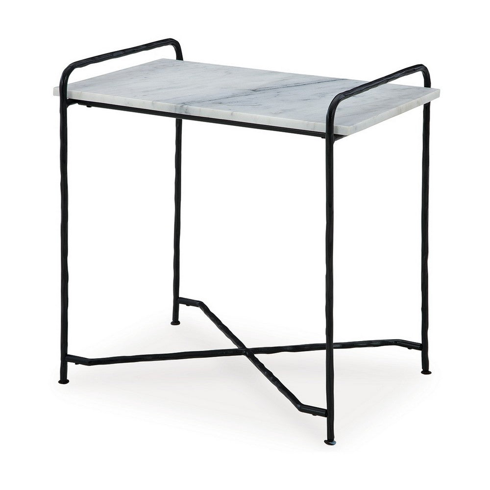Benjara Accent Table, 22 Inch White Marble Top, Industrial Black Metal Legs
