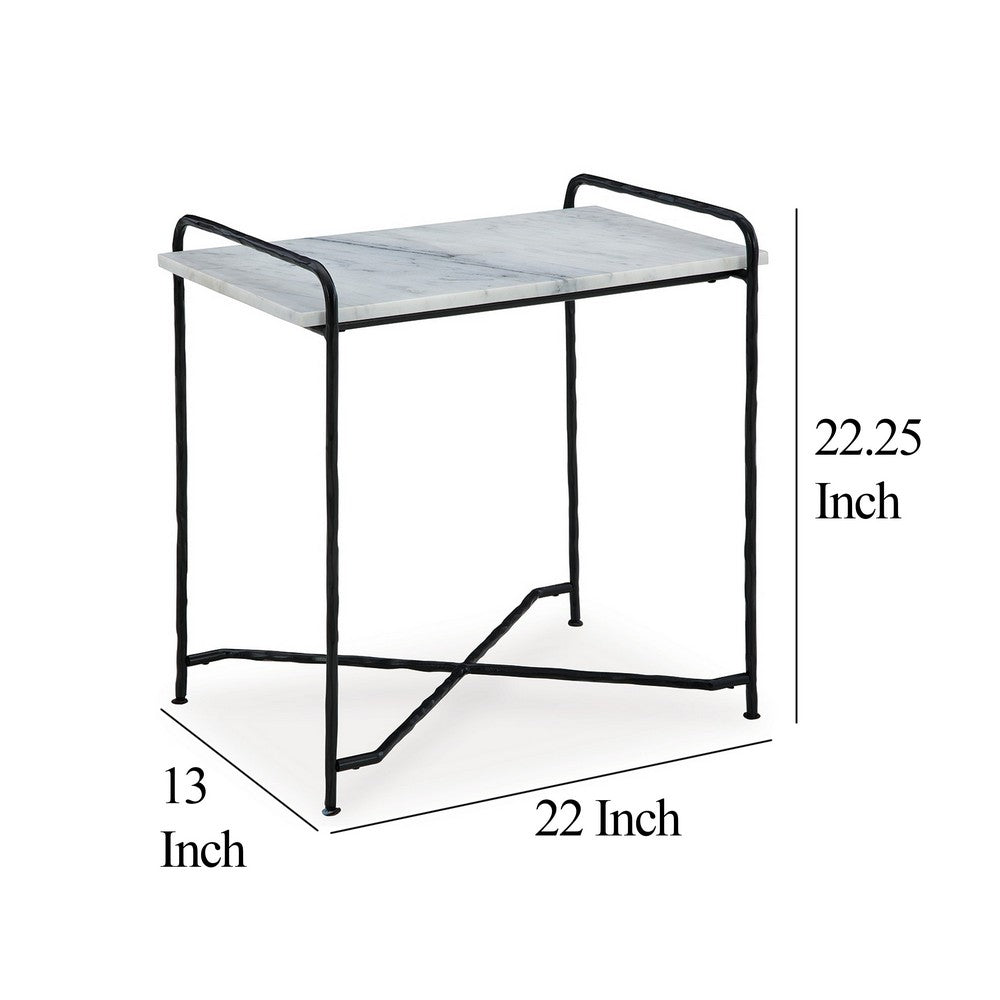 Benjara Accent Table, 22 Inch White Marble Top, Industrial Black Metal Legs