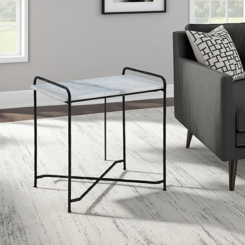 Benjara Accent Table, 22 Inch White Marble Top, Industrial Black Metal Legs
