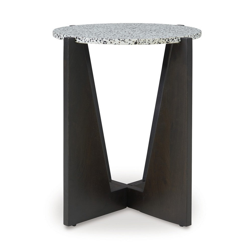 Benjara Accent Table, Round Terrazzo Tabletop, 25 Inch, Dark Brown Mango Wood