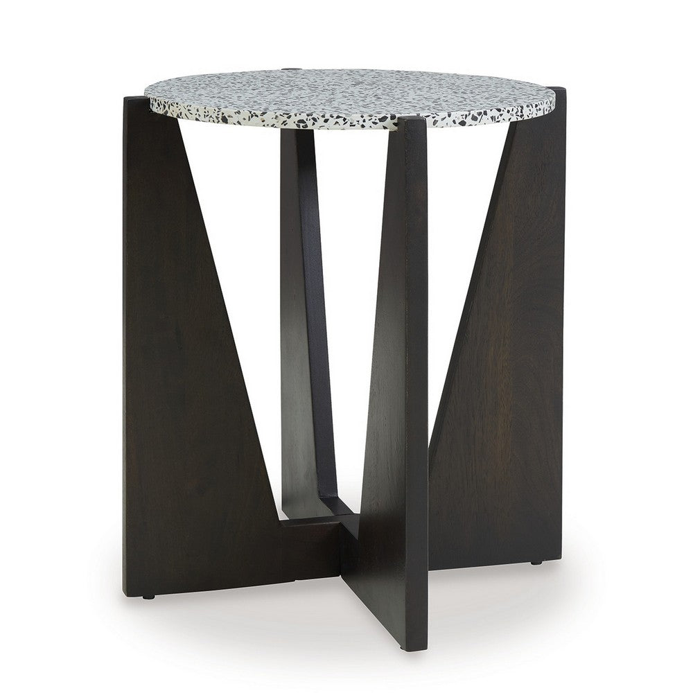 Benjara Accent Table, Round Terrazzo Tabletop, 25 Inch, Dark Brown Mango Wood