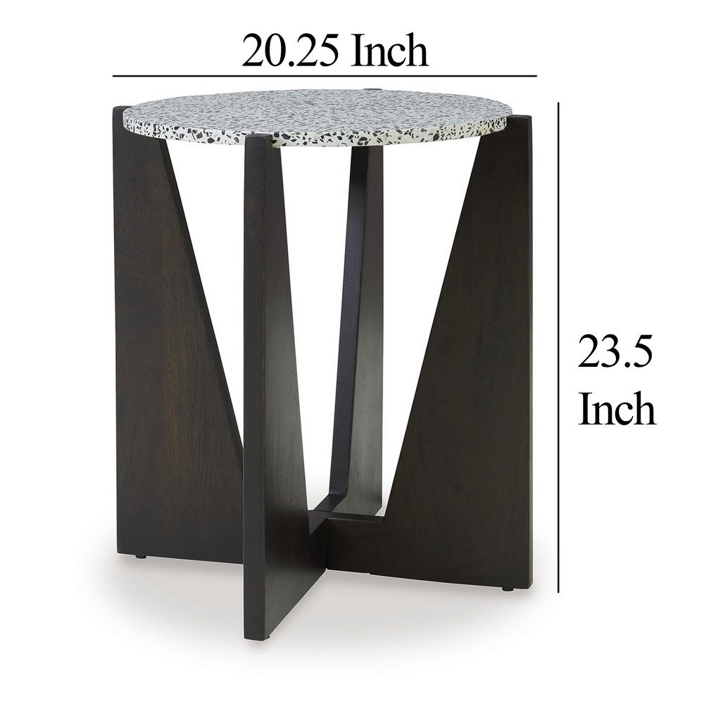 Benjara Accent Table, Round Terrazzo Tabletop, 25 Inch, Dark Brown Mango Wood