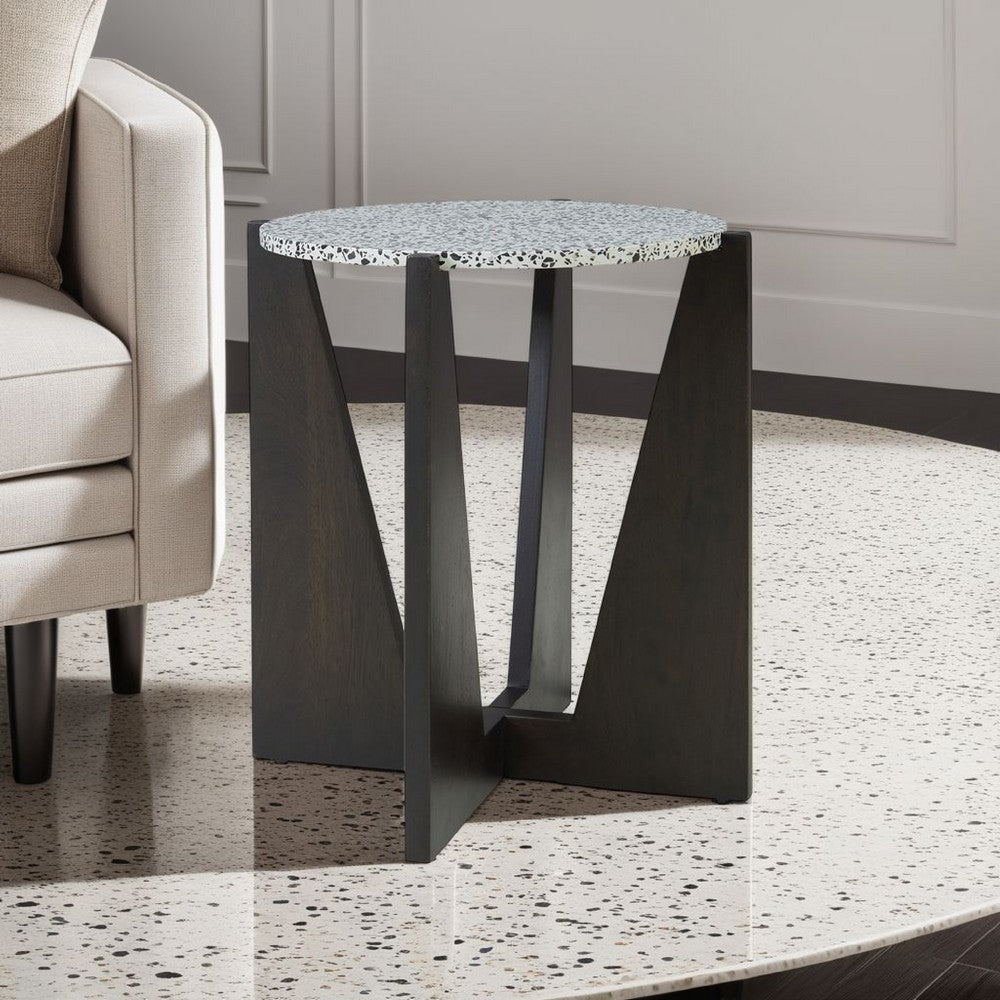 Benjara Accent Table, Round Terrazzo Tabletop, 25 Inch, Dark Brown Mango Wood