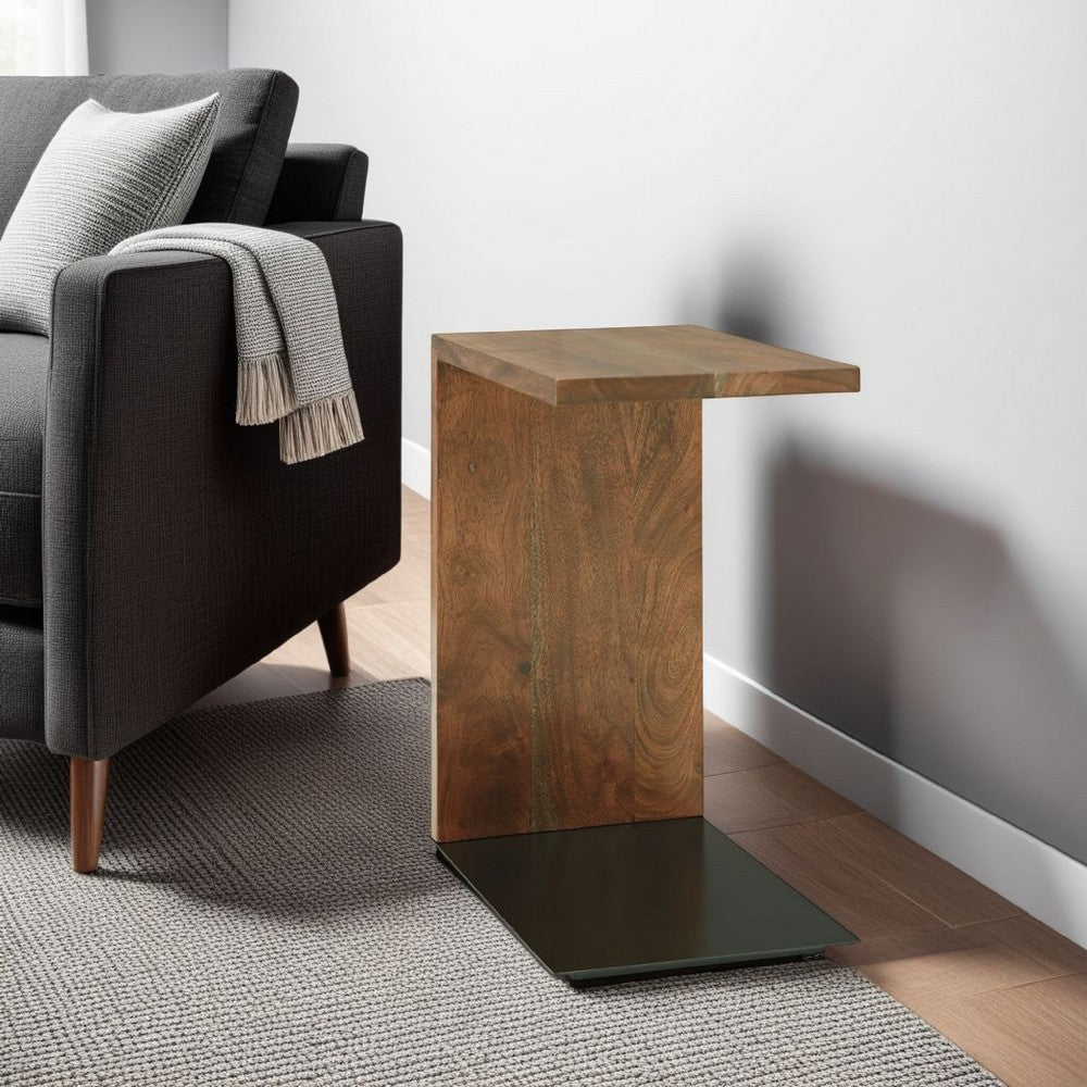 Benjara Accent Table, Solid Wood C Shape Design, 18 Inch, Dark Brown