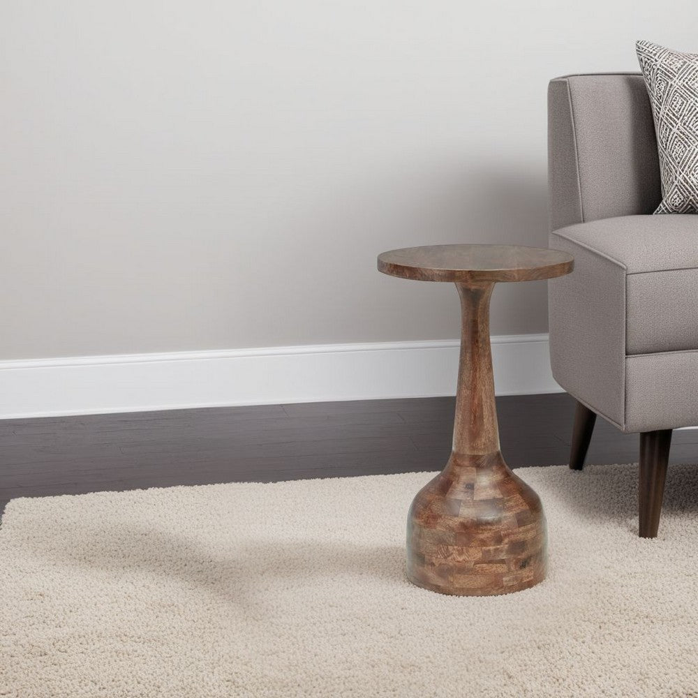 Benjara Accent Table, Solid Wood Turned Design, 14 Inch, Medium Brown Finish