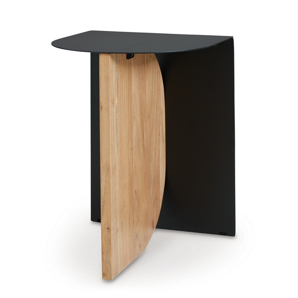 Benjara Modern Table, Metal Frame w Solid Wood Base, 16 Inch, Black And Brown
