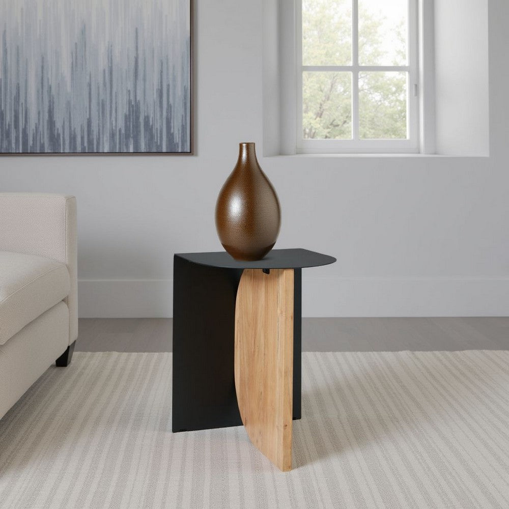 Benjara Modern Table, Metal Frame w Solid Wood Base, 16 Inch, Black And Brown