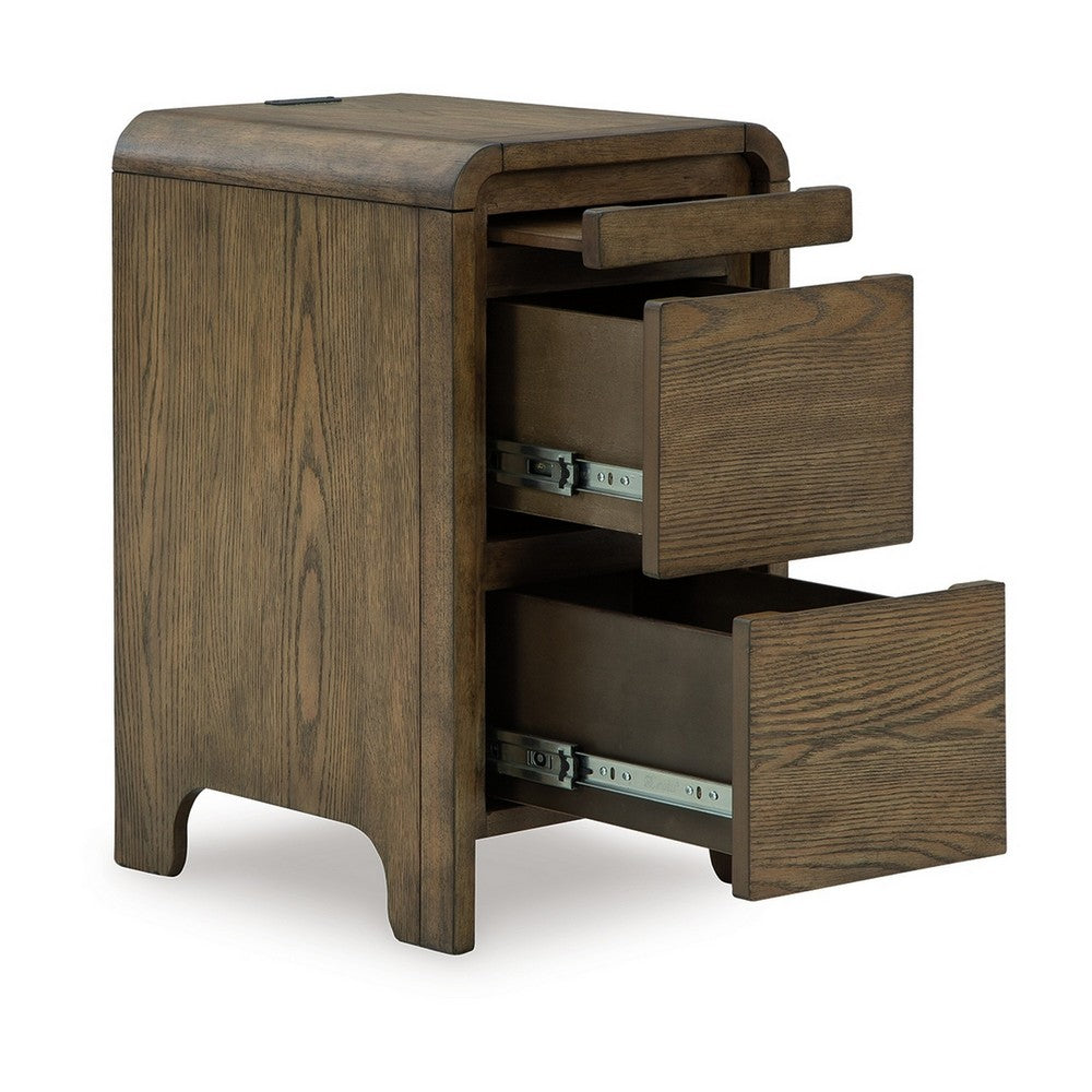 Benjara Accent Table, USB Charging Ports, 17 Inch Warm Brown Wood Veneer