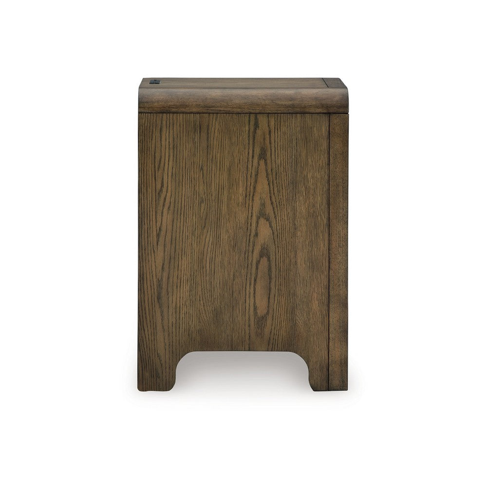 Benjara Accent Table, USB Charging Ports, 17 Inch Warm Brown Wood Veneer