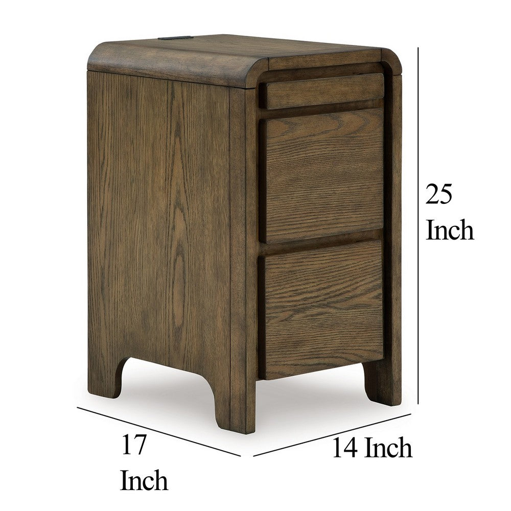 Benjara Accent Table, USB Charging Ports, 17 Inch Warm Brown Wood Veneer