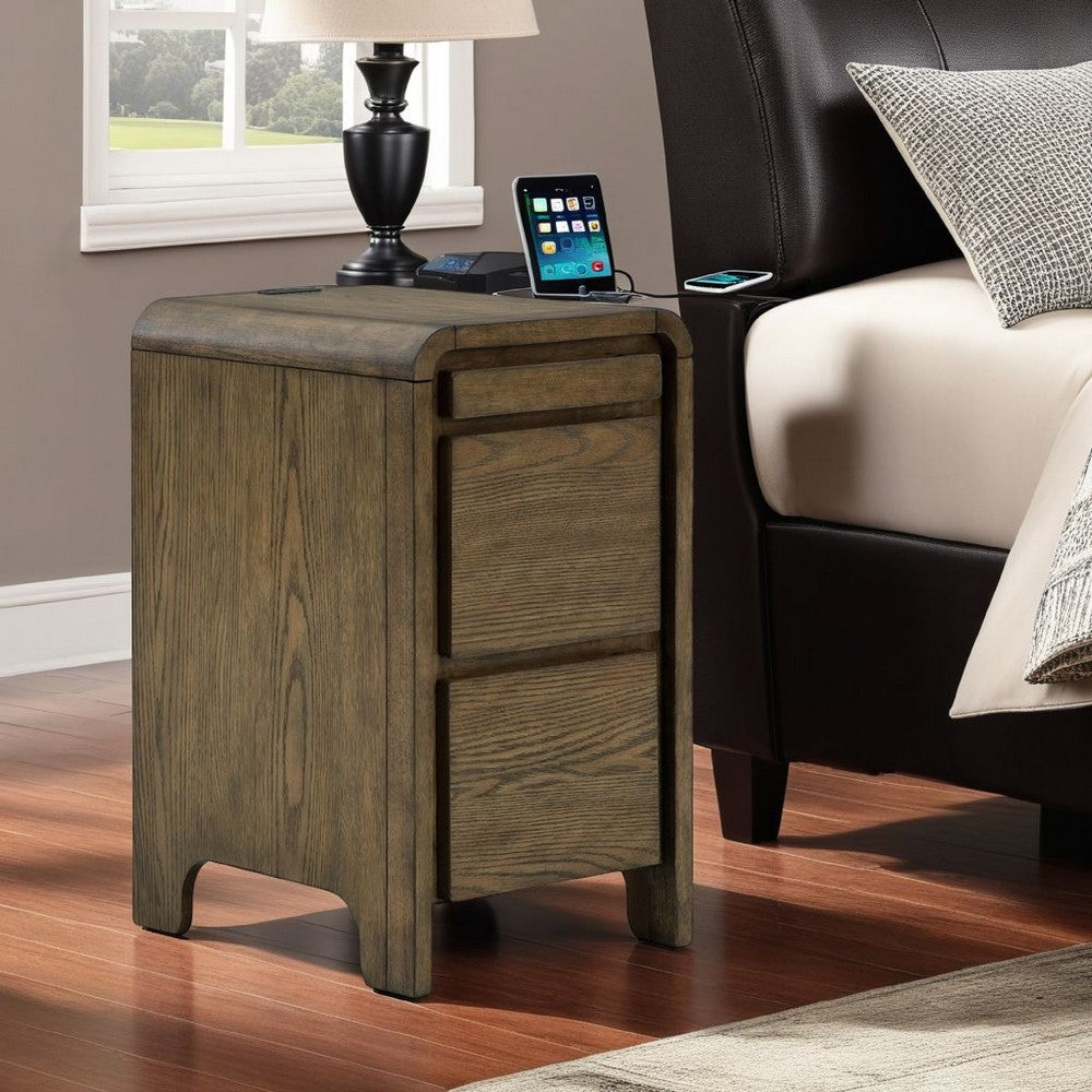 Benjara Accent Table, USB Charging Ports, 17 Inch Warm Brown Wood Veneer
