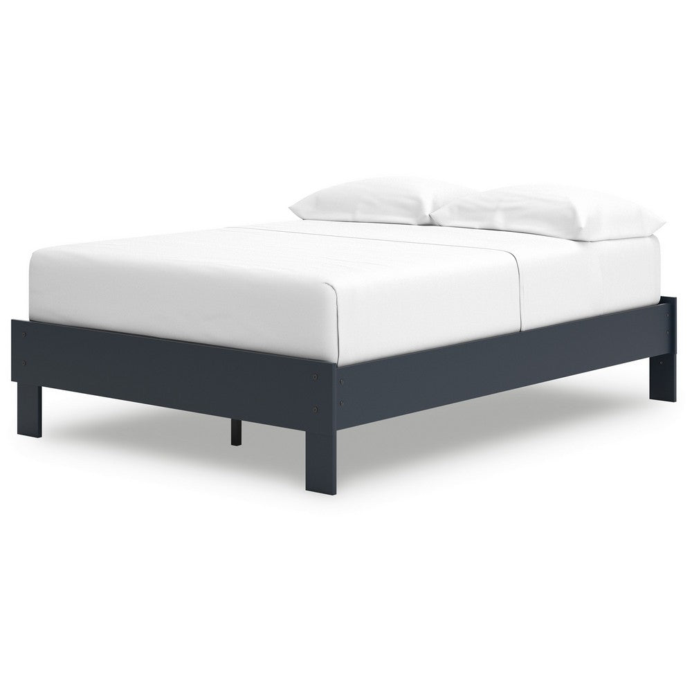 Benjara Cian Full Size Platform Bed, Shaker Style Design, Navy Blue Wood Frame