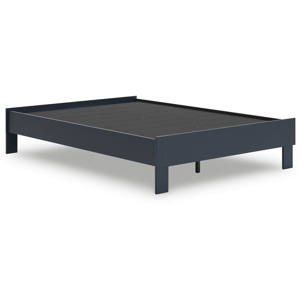Benjara Cian Full Size Platform Bed, Shaker Style Design, Navy Blue Wood Frame